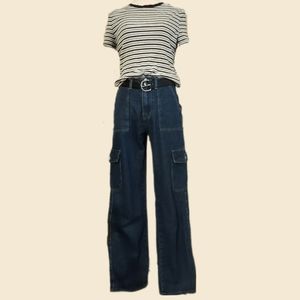 High waisted dark blue denim wide leg cargo pants